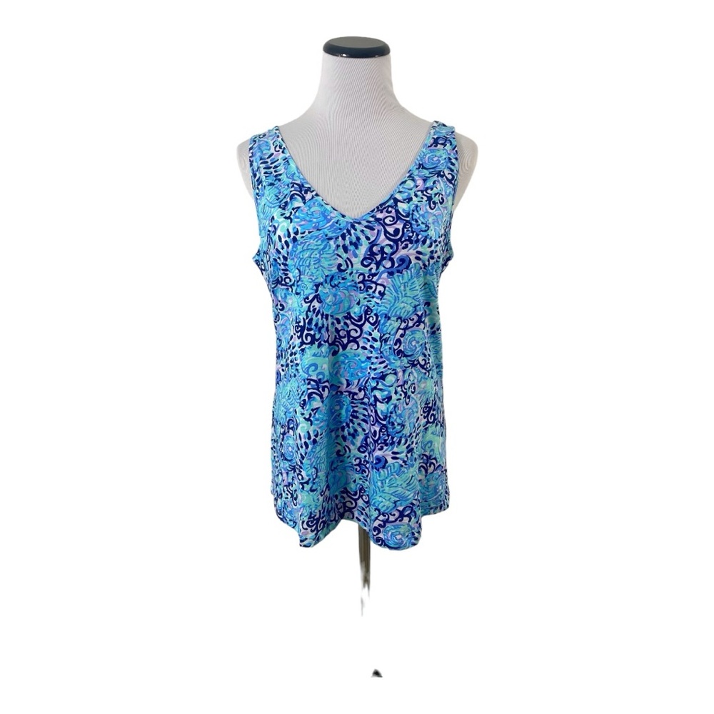 Lilly Pulitzer GiGi V-Neck Tank Top Light Aqua Spritz Sz S Blue Floral